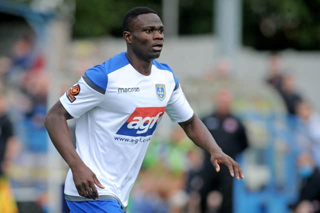 Guiseley's
Prince Ekpolo went close to scoring in the goalless draw against Farsley. Picture: Steve Riding.