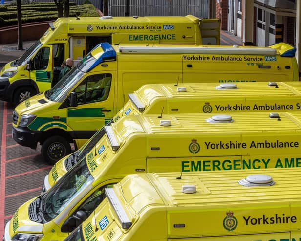 Ambulances parked outside the A&E unit at Leeds General Infirmary in March 2020. Picture: James Hardisty