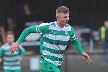 Farsley Celtic's Tyler Walton was sent off nine minutes from in the derby at Guiseley after picking up two yellow cards. Picture: Steve Riding.