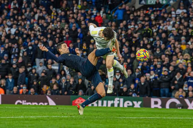 CLEAR DAYLIGHT: Whites winger Dan James finally puts a dominant Leeds United out of sight with his late header in Sunday's 3-1 victory against Burnley at Elland Road. Picture by Tony Johnson.