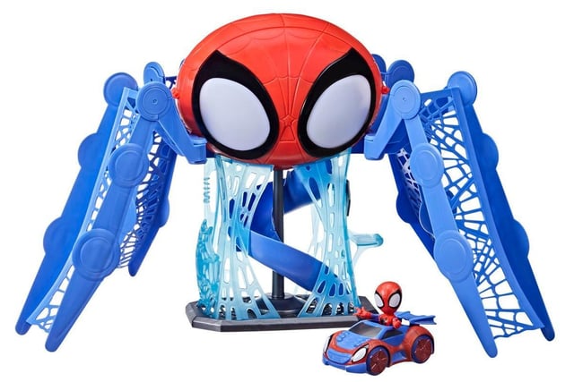 Hums with activity for SPIDEY and pals; this arachno-hub seems to come alive with SPIDEY-speak, light-up eyes, and many cool corners to play in for loads of Webtacular fun!