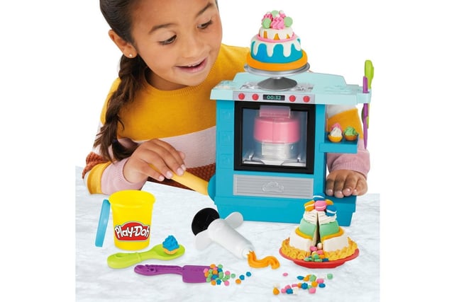 Make incredible Play-Doh cakes rise before your eyes with this toy oven baking playset. Add Play-Doh modeling compound to the cake pan, pop it in the oven, pull down the handle, and watch it rise. You'll even hear a "ding" sound to let you know when it's done and it's time to decorate! Great creative fun with endless possibilities for the kids.