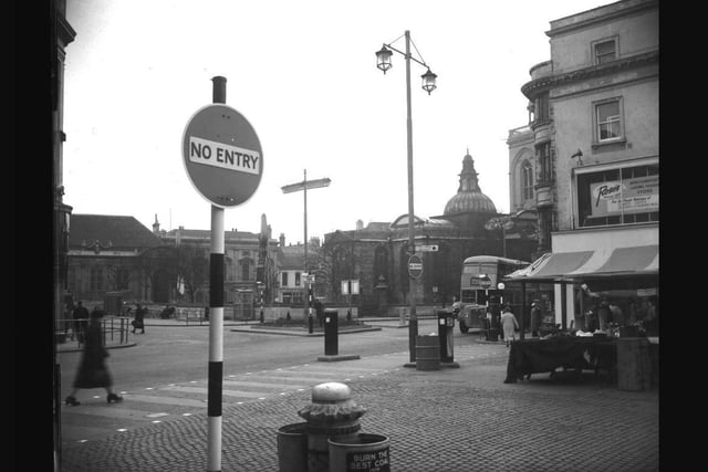 New "no entry" signs between Market Square and the Abington Street-Mercer's Row junction, Northampton, February 24, 1959