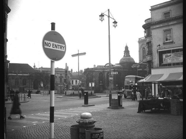 New "no entry" signs between Market Square and the Abington Street-Mercer's Row junction, Northampton, February 24, 1959