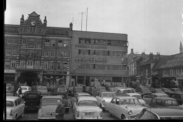 Market Square circa 1964 showing Chron building and Emporium Arcade, which was demolished in the 1970s. When there was no market, the square became a popular free car park.