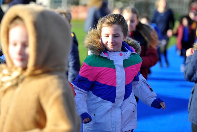Sally Gunnell OBE opens a new school running track at Steyning Primary School. Pic S Robards SR2201311