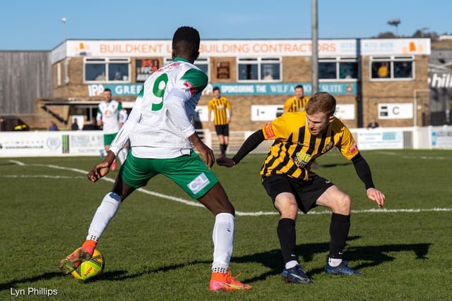 Action from the Rocks' 1-0 Isthmian premier defeat at Folkestone Invicta / Pictures: Lyn Phillips and Trevor Staff
