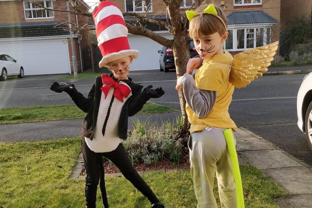 Karen Blake's children, Sienna as the Cat in the hat and Brandon as the yellow Catnary from the 13-Storey Treehouse. EMN-220403-130007001