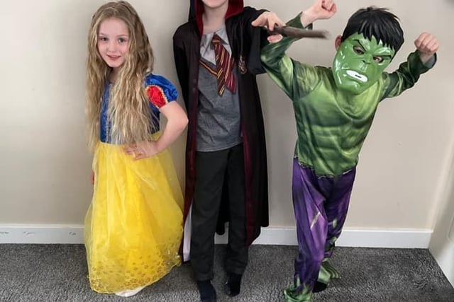 Natalie Thacker sent this picture of her threesome as Snow White, Harry Potter and the Hulk. EMN-220403-131750001