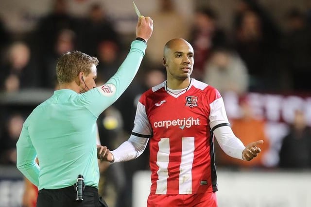 Jake Caprice of Exeter City is shown a yellow card.

Photo: Getty Images