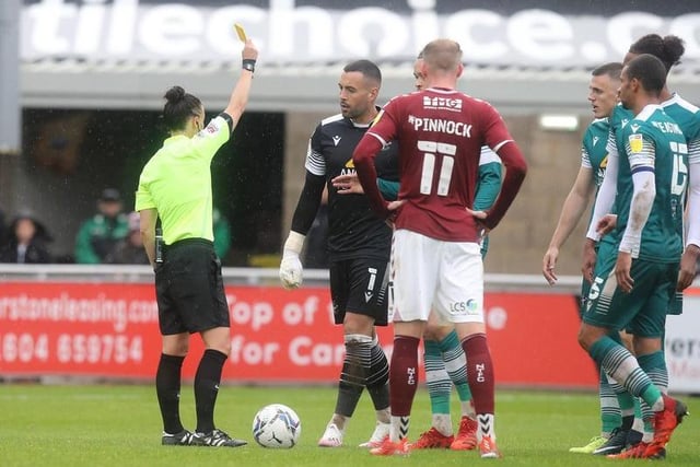 Dean Bouzanis is shown a yellow card by referee Rebecca Welch.

Photo: Getty Images