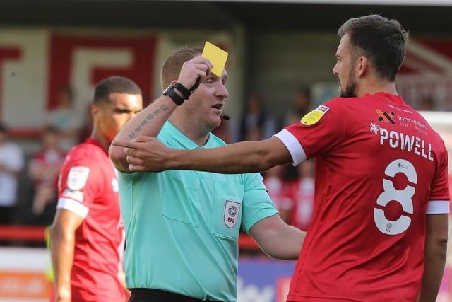 Referee Lee Swabey shows a yellow card to Jack Powell of Crawley Town.

Photo: Getty Images