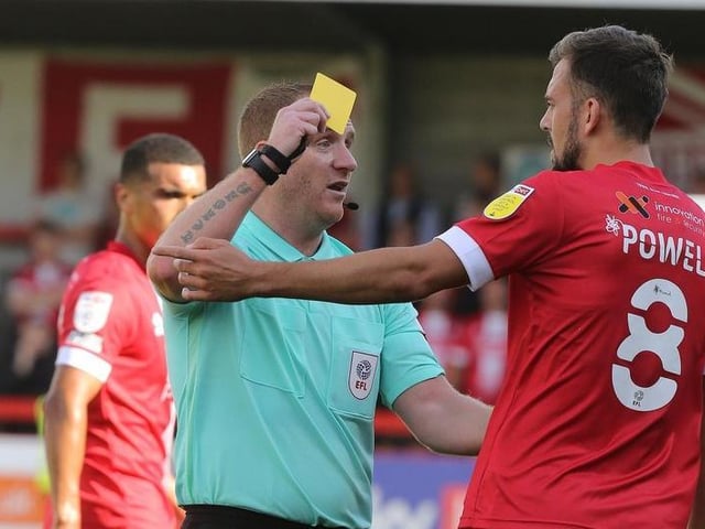 Referee Lee Swabey shows a yellow card to Jack Powell of Crawley Town.

Photo: Getty Images