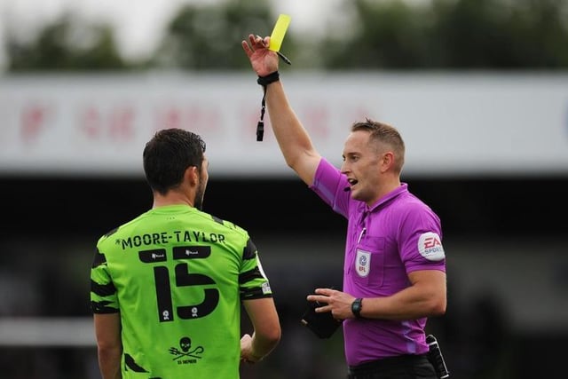 James Bell shows a yellow card to Jordan Moore-Taylor. The leaders have had 46 yellow cards and one double booking this season.

Photo: Getty Images