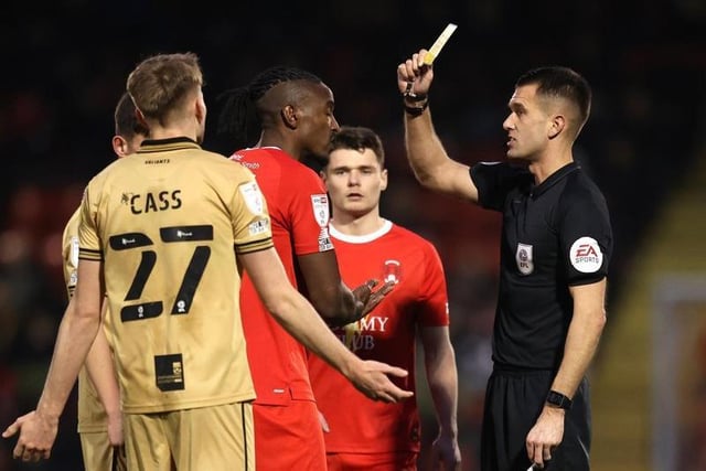Omar Beckles of Leyton Orient is shown a yellow card.

Photo: Getty Images