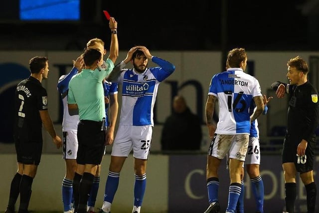 Cian Harries of Bristol Rovers is sent off by referee Craig Hicks during the Sky Bet League Two match between Bristol Rovers and Port Vale. Rovers have had a division high eight red cards this year.

Photo: Getty Images