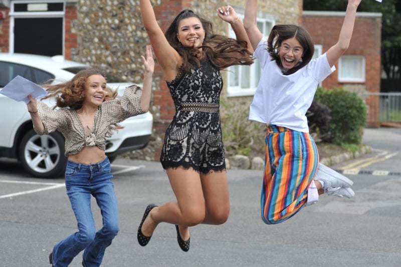 Students at Shoreham College jump for joy as they celebrate their GCSE results