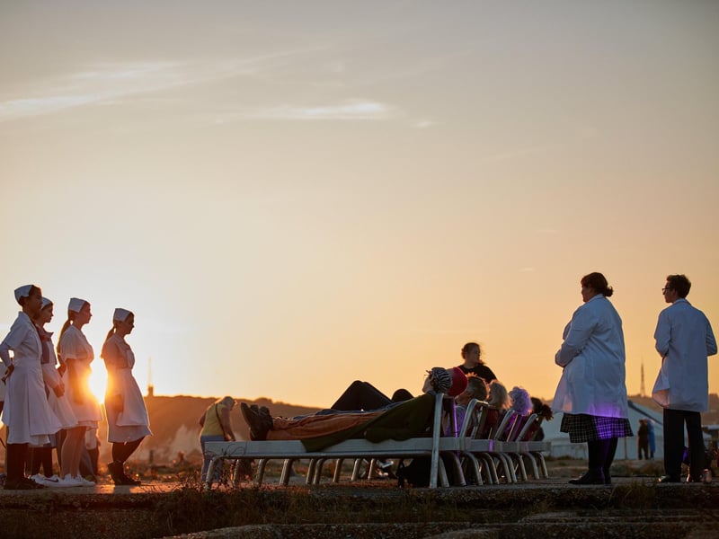 ‘Listening Sleepers’ installation by sculptor Christian Funnell and sound artist Hal Wheeler, in collaboration with Chailey Heritage, with actors dressed as nurses on the site of Chailey Heritage Marine Hospital. (Photo: Alex Franklin Photography)