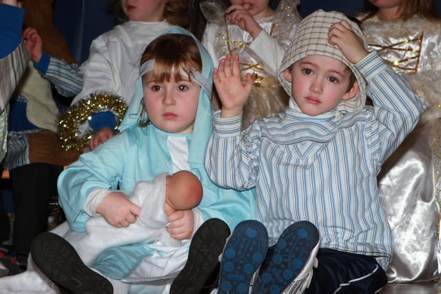 Connie Mullan and Conan Trainor who were Mary and Joseph in the Termoncanice P1 Nativity play.  (1312JB10)