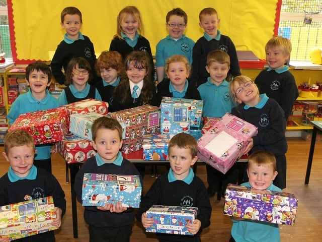 The P1 children from the Roe Valley integrated School pictured with some of the shoe boxes they have donated and which will go to the Christmas Child Road of Hope Appeal this year. 46053KDR