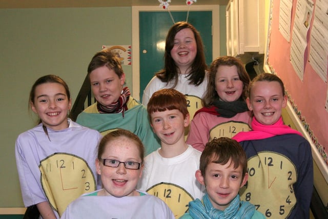 Pupils at Ballykelly Primary School who played the Tick and Tock characters in the schools Christmas show. INLV5211-056KDR