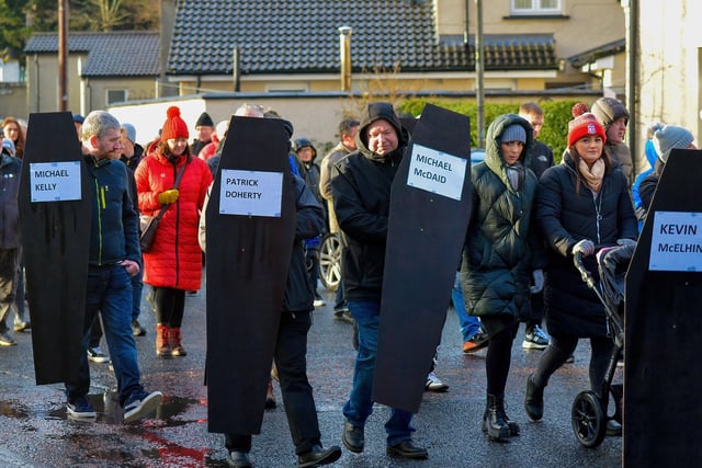Placards, in the shape of coffin lids with name of those killed were carried at the Bloody Sunday March Committee’s Annual Bloody Sunday March on Sunday afternoon last. Photo: George Sweeney, DER2205GS – 043