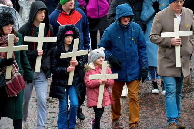 Relatives carry crosses at the Bloody Sunday March Committee’s Annual Bloody Sunday March on Sunday afternoon last. Photo: George Sweeney, DER2205GS – 038