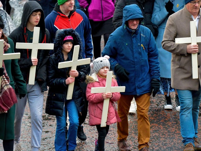 Relatives carry crosses at the Bloody Sunday March Committee’s Annual Bloody Sunday March on Sunday afternoon last. Photo: George Sweeney, DER2205GS – 038