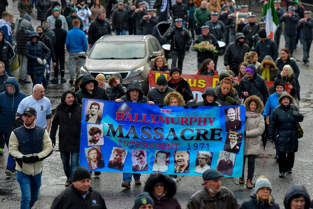 Ballymurphy Massacre relatives take part in the Bloody Sunday March Committee’s Annual Bloody Sunday March on Sunday afternoon last. Photo: George Sweeney, DER2205GS – 039
