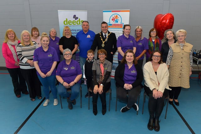 Mayor Alderman Graham Warke and his son Ollie pictured with volunteers who organised the DEEDS ‘Love-in-a-bucket’ Dementia Valentines Tea-Dance in Caw community Centre on Wednesday morning last for groups from across the city. It’s the first DEEDS Dementia get together since the outbreak of COVID -19 in 2019.  Photo: George Sweeney.  DER2207GS – 007