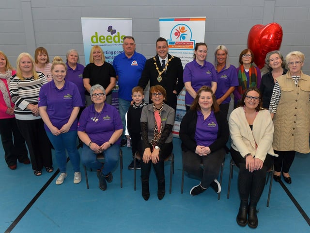 Mayor Alderman Graham Warke and his son Ollie pictured with volunteers who organised the DEEDS ‘Love-in-a-bucket’ Dementia Valentines Tea-Dance in Caw community Centre on Wednesday morning last for groups from across the city. It’s the first DEEDS Dementia get together since the outbreak of COVID -19 in 2019.  Photo: George Sweeney.  DER2207GS – 007