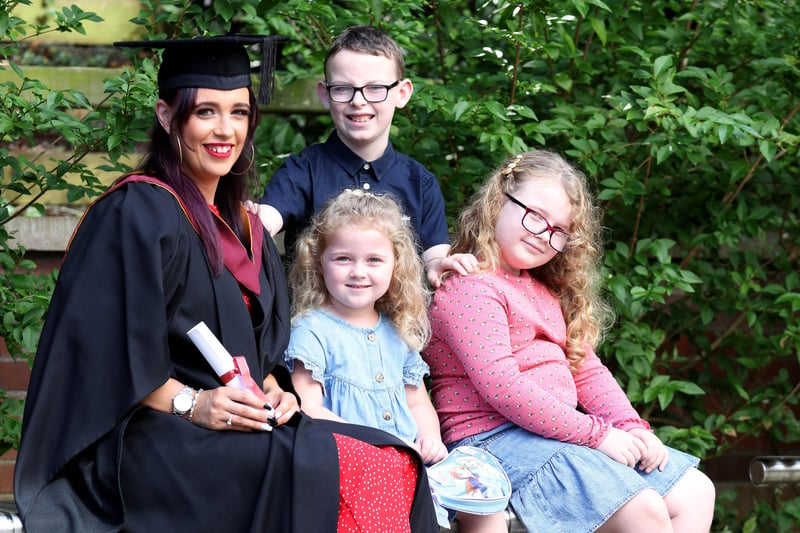 Jacqui Smyth celebrates her Higher Level Apprenticeship in Leadership for Children's Care Learning and Development (Management). Jacqui, pictured with her children Orlagh, Sarah and Shea, aspires to have a career in social work.
