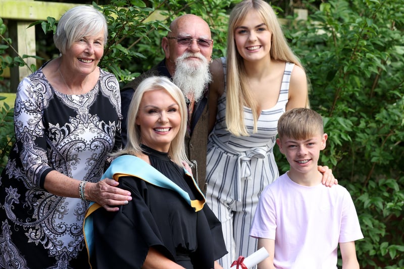 Kelly Gazzard  who runs her own Sports Massage business graduated with a Level 5 Certificate in Sports Massage Therapy. She’s pictured with mother Marian, father Ian , son Callum Gazzard, and daughter Kirsty Haire.