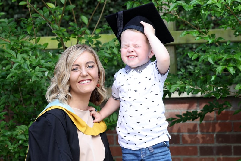 Cathy Keeley celebrated graduating with CIPD Level 5 Certificate in Human Resource Management, with her son Conlaoch