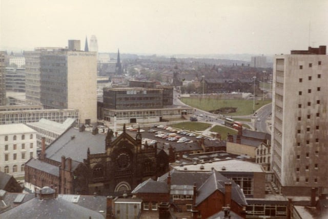 An aerial view showing the area around Cookridge Street (foreground), Portland Way further back and Woodhouse Lane towards the right. The tall tower on the far right belongs to Kitson College of Technology, now part of Leeds City College, while in the background on the left are buildings of Leeds Polytechnic, now Leeds Beckett University. Further forward to the left of the centre is the former Gaumont Cinema, which after its closure in 1961 has been a Bingo Hall and TV Studio, then the Town and Country Club and later the Creation nightclub.