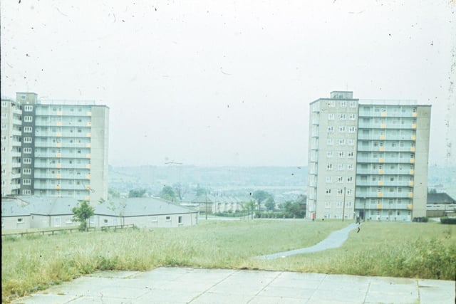 Blocks of flats near the Seacroft Centre. Brookland Towers are on the left and Bailey Towers on the right. Bungalows on Bailey’s Court are in front, left. Houses on Brooklands Lane can be seen in the background between the tower blocks.