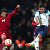 England's Sonny Perkins (right) attempts a shot which is blocked by Turkey's Ali Sahin Yilmaz during the UEFA U19 European Championship Elite Qualifying match at the Technique Stadium, Chesterfield. (Pic: PA)