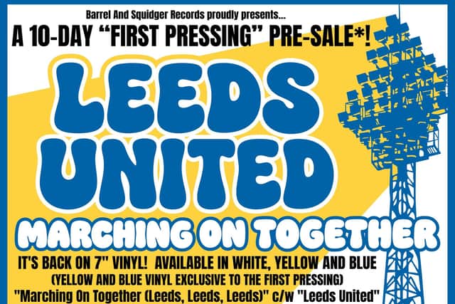 Leeds Utd's classic 1972 single Marching On Together will be available to pre-order for a limited time only in the club's colours on Harrogate's Barrel And Squidger Records. (Picture contributed)