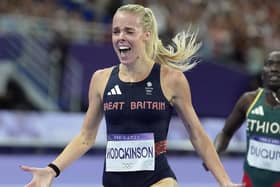 GOLD RUN: Keely Hodgkinson celebrates after winning the women's 800-metres final at the Stade de France. Picture: AP/Matthias Schrader