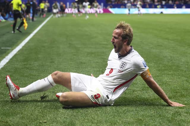 Harry Kane #9 of England celebrates scoring his team's second goal. Could the time of their next knockout game be changed. (Picture: Megan Briggs/Getty Images)