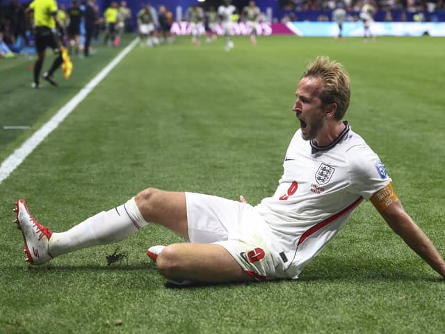 Harry Kane #9 of England celebrates scoring his team's second goal. Could the time of their next knockout game be changed. (Picture: Megan Briggs/Getty Images)
