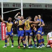 Adam Cuthbertson, third from left, celebrates scoring during Leeds Rhinos' win against St Helens in August, 2017. Saints are unbeaten at Headingley since then. Picture by Steve Riding.