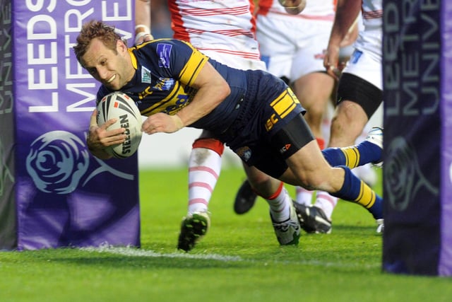Rob Burrow scores an early second half try on the road against Leigh Centurions in the quarter-final of the Carnegie Challenge Cup in May 2012. Leeds won 60-12.