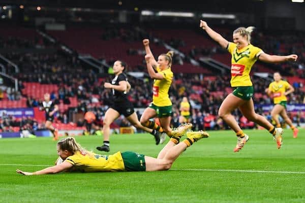 Tarryn Aiken scores for Australia in their Women's WQorld Cup win over New Zealand at Old Trafford. Picture by Will Palmer/SWpix.com.