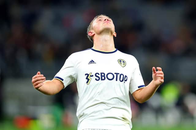 CLOSE: Young Leeds United star Joe Gelhardt, above, reacts after his attempt is tipped wide by Crystal Palace keeper Vicente Guaita during Friday's 1-1 draw against Crystal Palace at the Optus Stadium in Perth. Photo by James Worsfold/Getty Images.