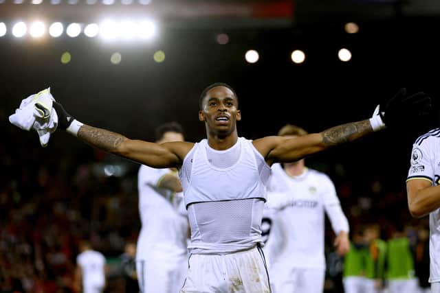 Leeds United's Crysencio Summerville celebrates scoring their side's second goal of the game during the Premier League match at Anfield, Liverpool. Picture date: Saturday October 29, 2022.
