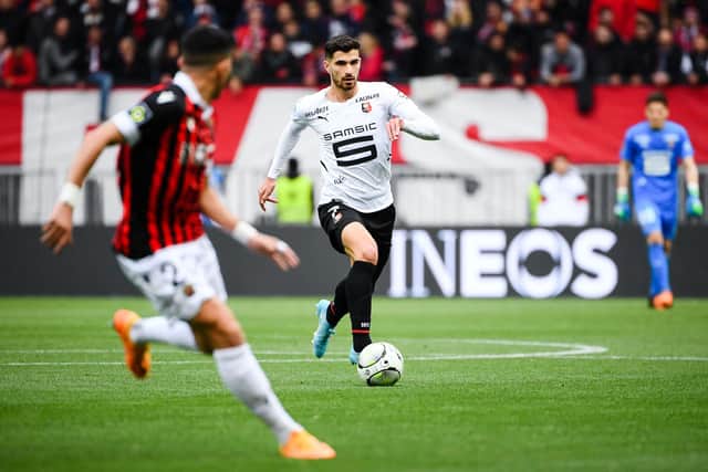 Rennes' French forward Martin Terrier during the French L1 football match between OGC Nice and Stade Rennais FC at the "Allianz Riviera" stadium, in Nice, southern France, on April 2, 2022. (Photo by CLEMENT MAHOUDEAU / AFP) (Photo by CLEMENT MAHOUDEAU/AFP via Getty Images)