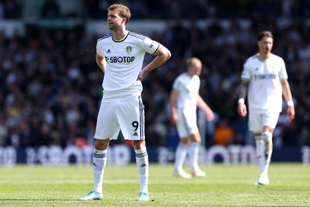 Patrick Bamford of Leeds United reacts during the Premier League match between Leeds United and Newcastle United at Elland Road on May 13, 2023 in Leeds, England. (Photo by Alex Livesey/Getty Images)