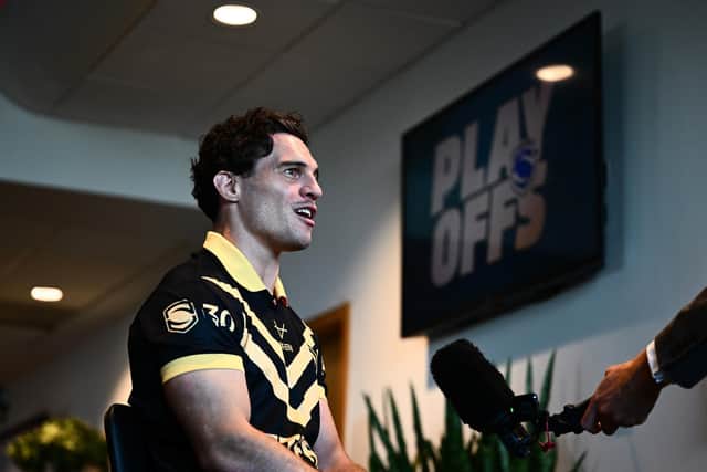 Brodie Croft speaks to the media during the Dream Team/Betfred Super League play-offs launch at Old Trafford. Picture by Olly Hassell/SWpix.com.