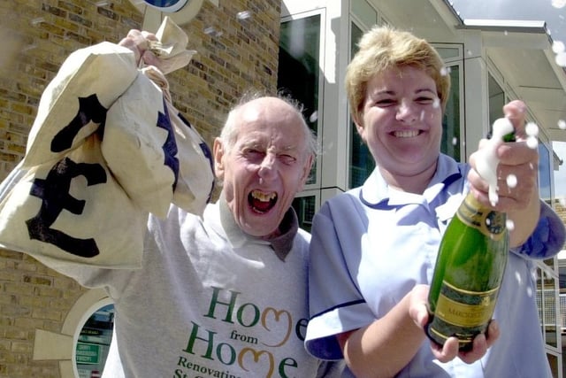 St Gemma's Hospice was celebrating after reaching the £1million stage of its Home from Home Appeal in July 2001. The appeal was backed by your YEP and was now two thirds of the way to the target. Pictured are Edwin Englands, who attended the hospice one day a week and staff nurse Alison Byrnes.